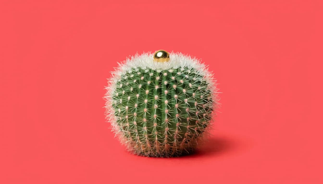 A single small round barrel cactus covered in rows of tiny white spines sits centred against a flat warm coral background.