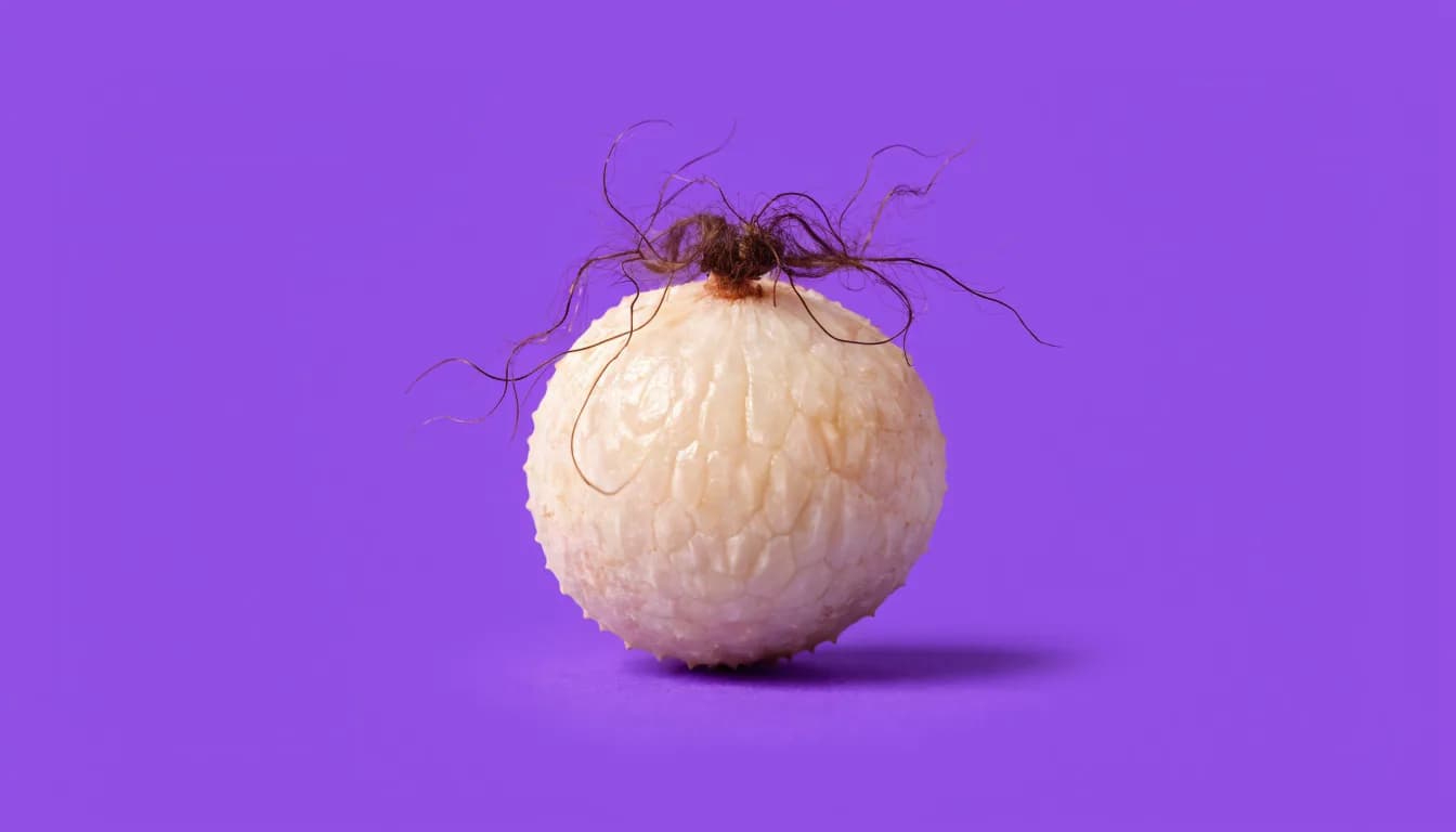 A smooth pale lychee with a few fine stray hairs on its surface, centred on a solid purple background.
