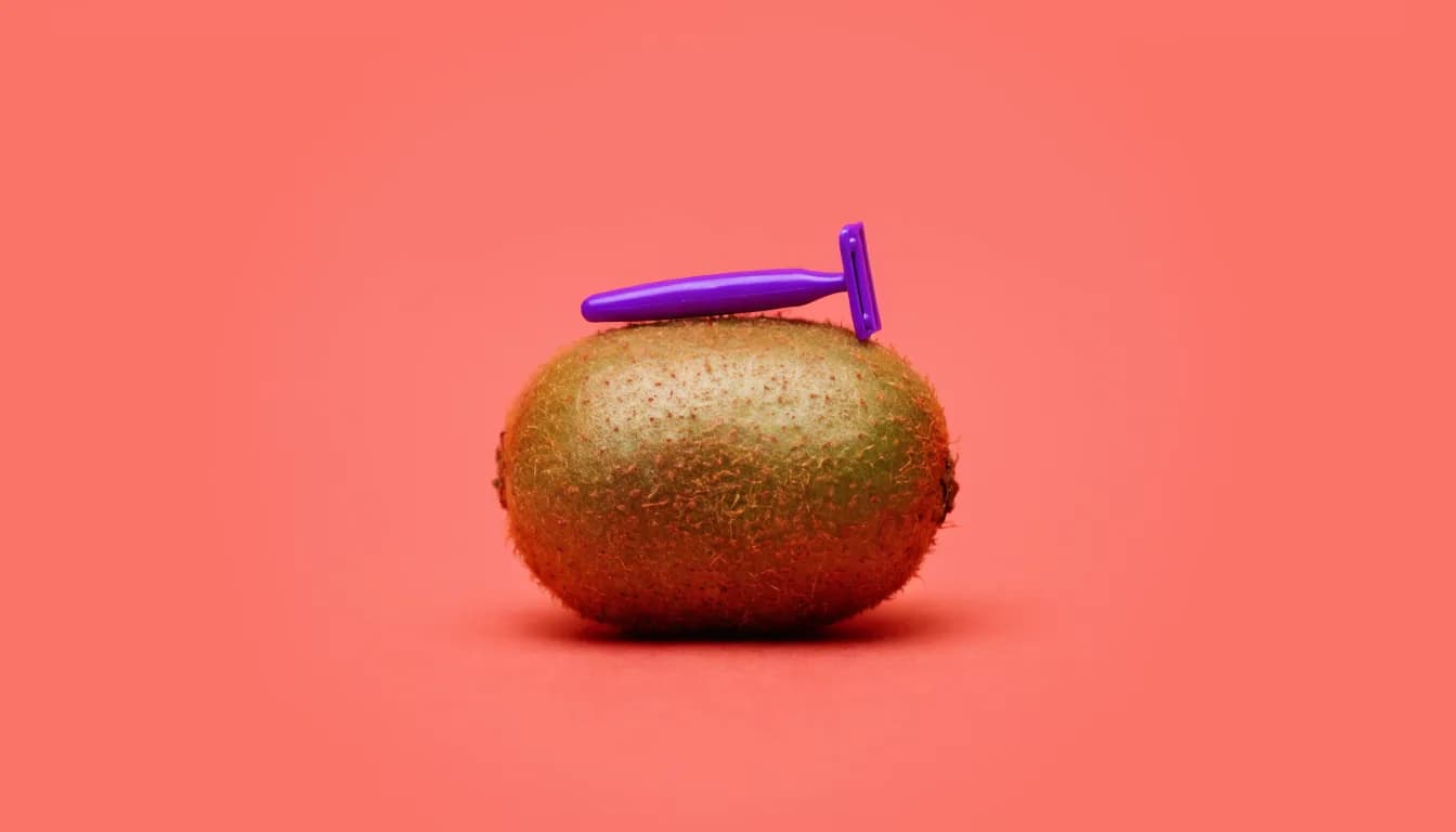 A whole fuzzy kiwi with a small bright plastic toy razor resting flat on its surface, on a solid warm coral background.