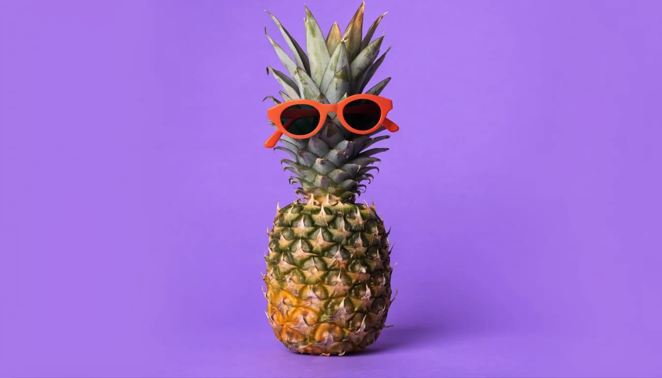A whole pineapple with a pair of tiny colourful sunglasses resting on its crown leaves, on a solid purple background.