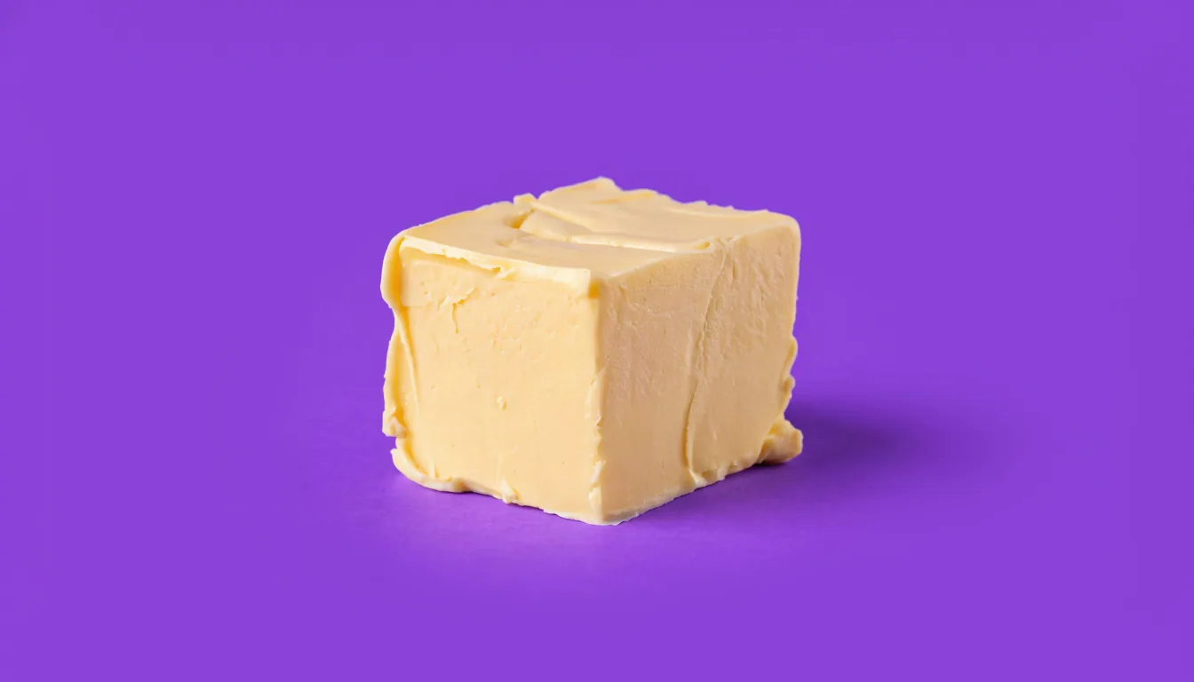 A single small intact rectangular pat of fresh pale-yellow butter centred on a flat solid vivid purple background, soft studio light, clean drop shadow.