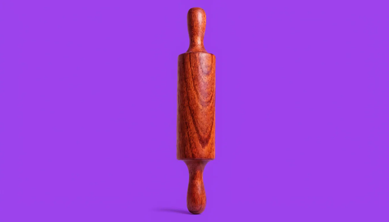 A single wooden rolling pin resting on a flat solid purple background, softly lit from above, centred with generous empty space around it.