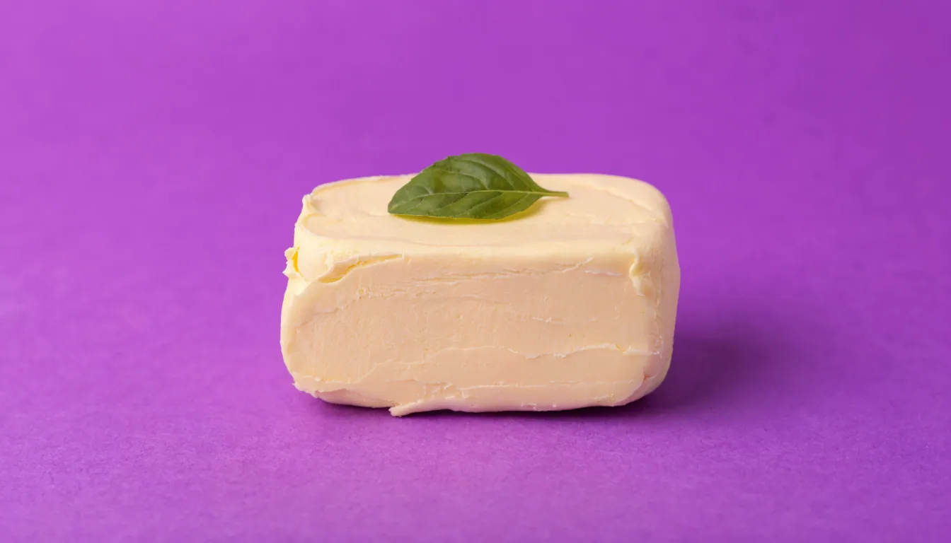 A single intact rectangular pat of pale yellow butter centred on a solid purple background, photographed in soft studio light.