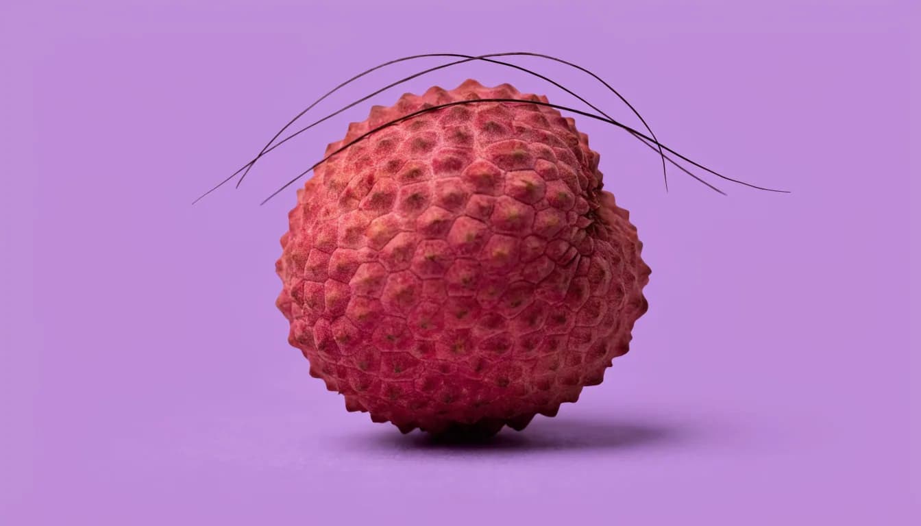 A whole lychee fruit with a few loose dark hairs resting flat on its bumpy surface, on a soft lavender background.