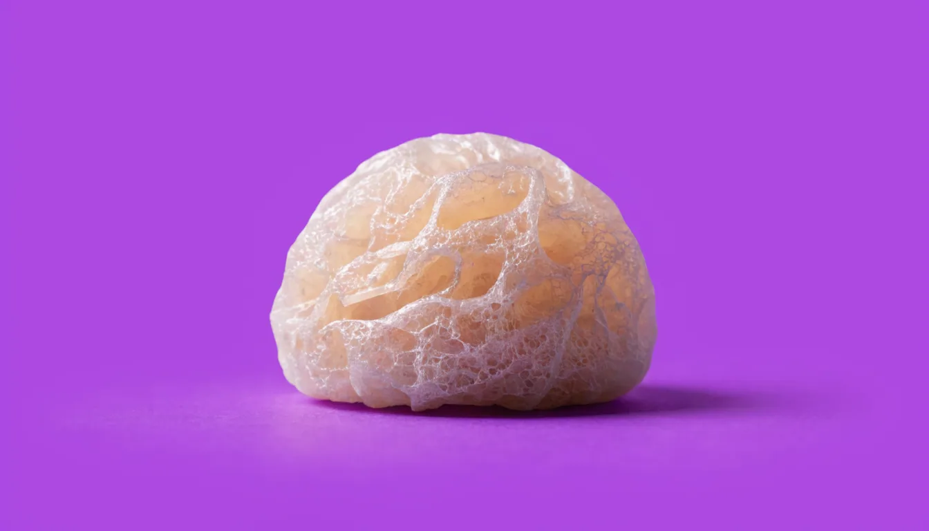A single small round pale konjac facial sponge centred on a solid bright purple background with soft studio lighting.