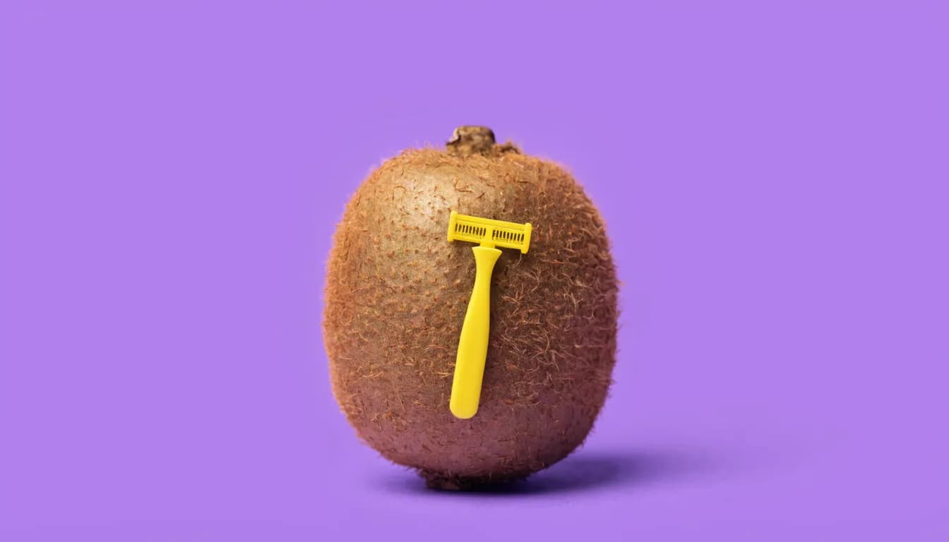A whole fuzzy brown kiwi fruit with a small bright pink plastic razor resting flat on its surface, against a solid soft purple background.