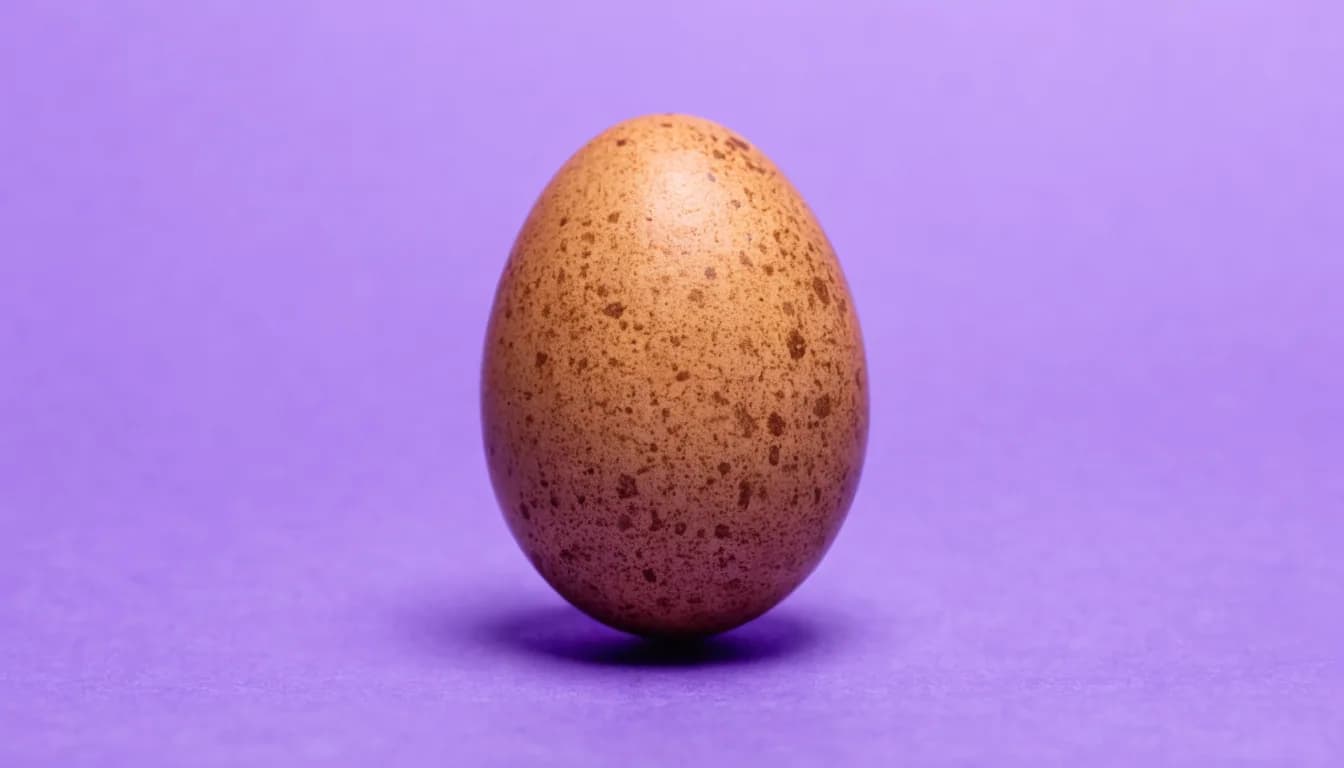 A single speckled brown egg with darker irregular spots on its shell, centred on a flat solid vivid purple background.