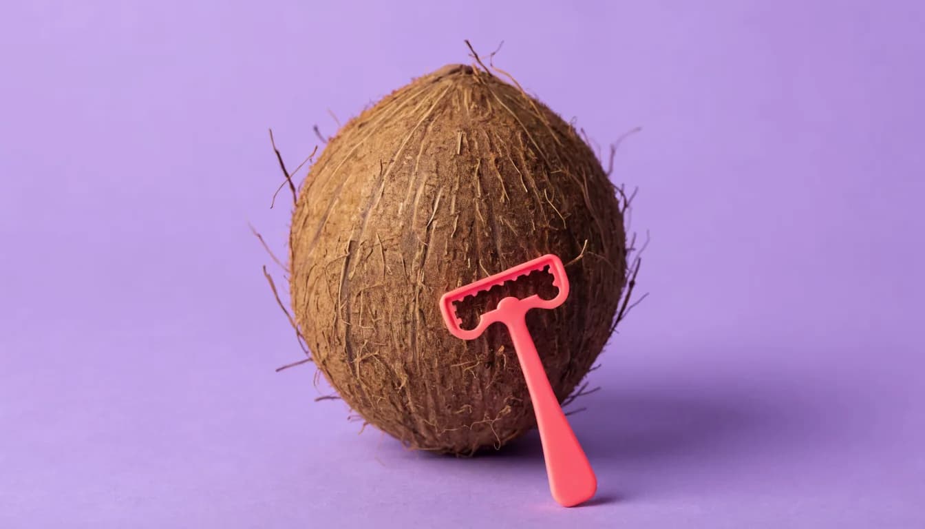 A whole fuzzy brown coconut with a small bright coral-pink plastic toy razor leaning against its base, on a flat solid lavender background.