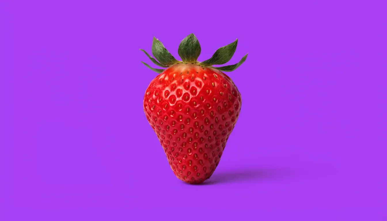 A single whole fresh strawberry with its naturally pitted surface against a flat solid purple background.