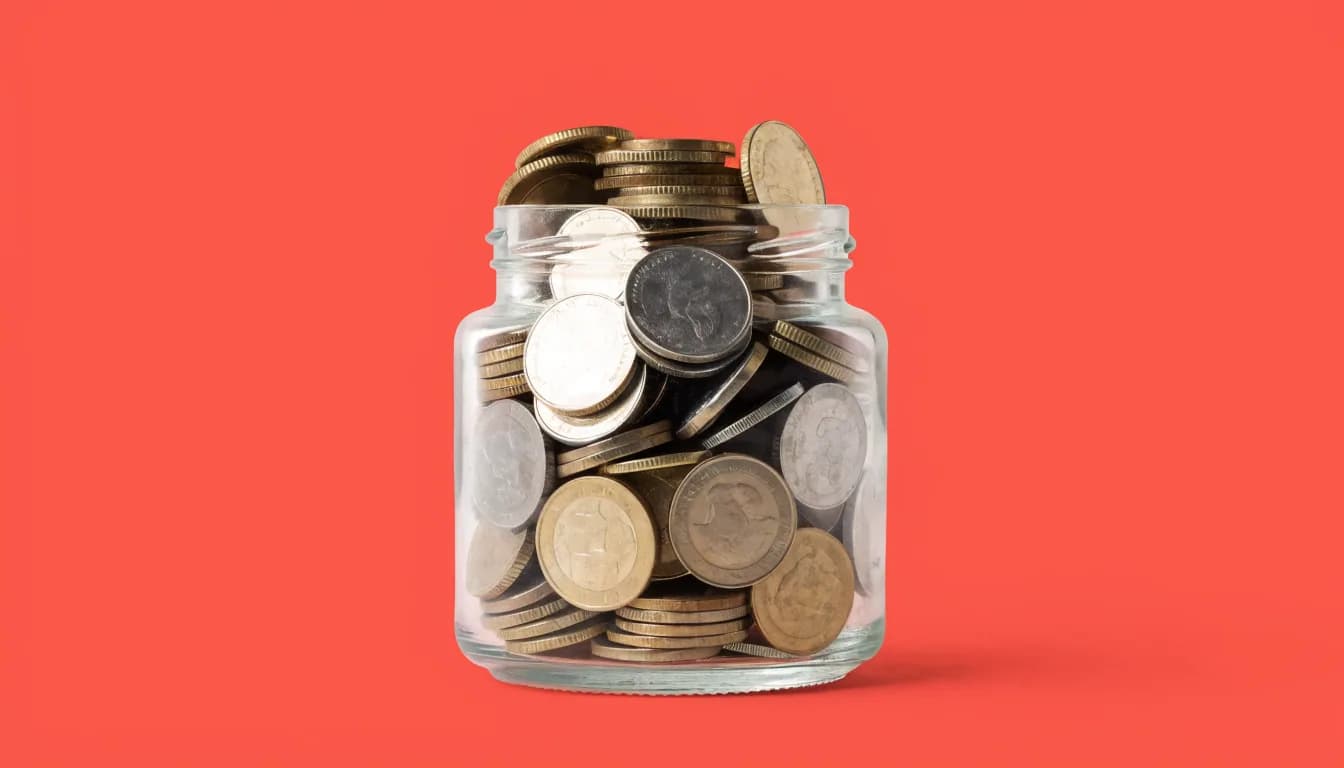 A clear glass jar filled with gold and silver coins on a warm coral background.