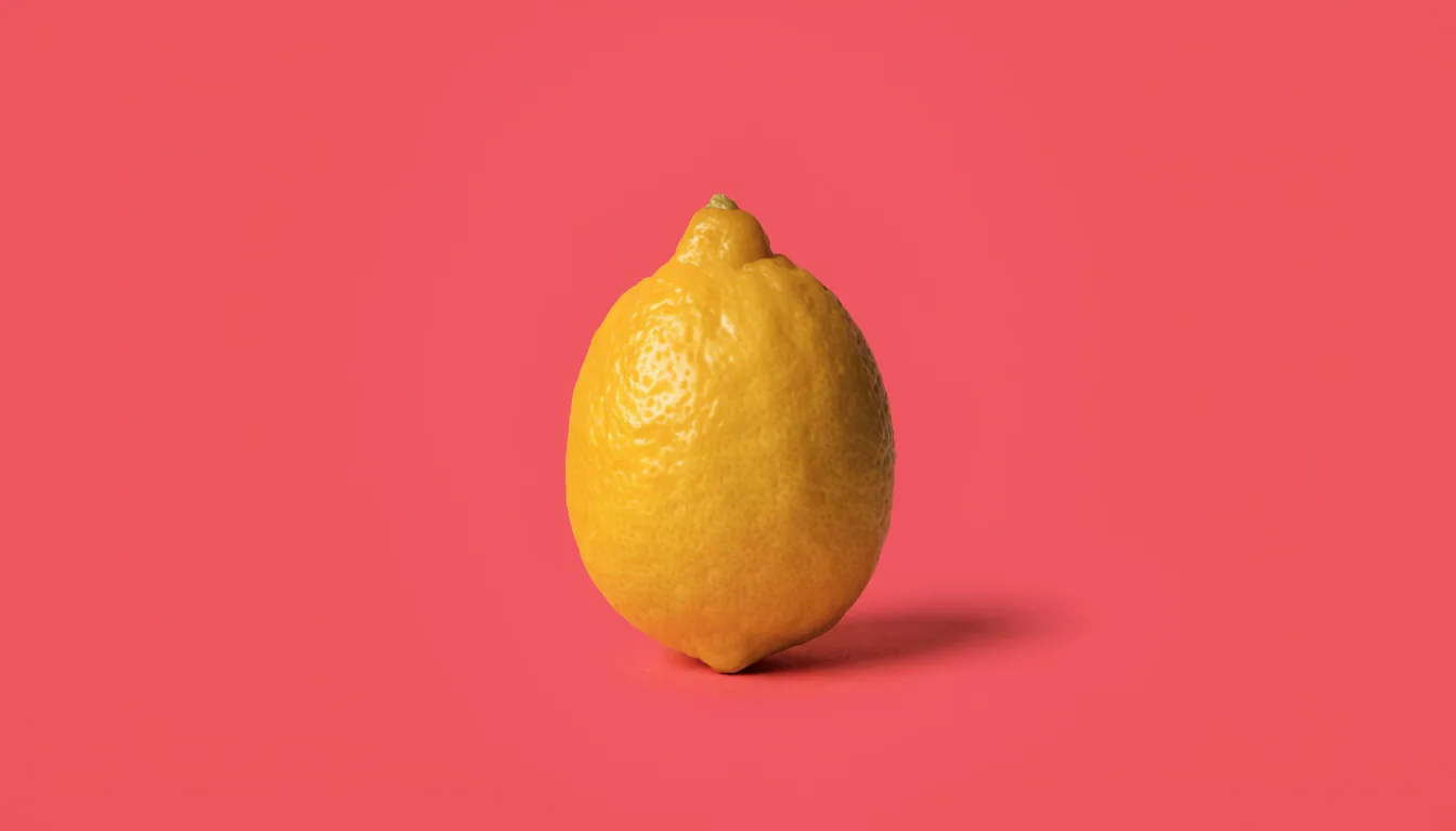 A single whole fresh lemon with textured yellow skin on a flat solid warm coral background.